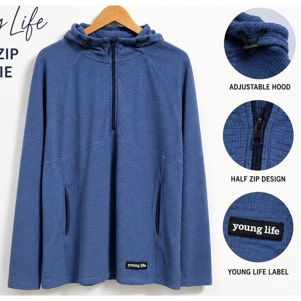 Young Life Blue 3XL Textured Knit Half-Zip Hoodie Pullover w/ Adjustable Hood